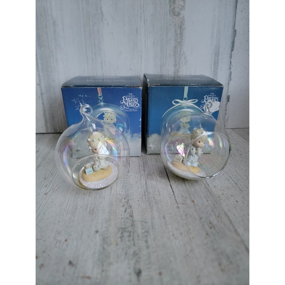 Precious moments vintage glass ball boy girl ornament Xmas set
